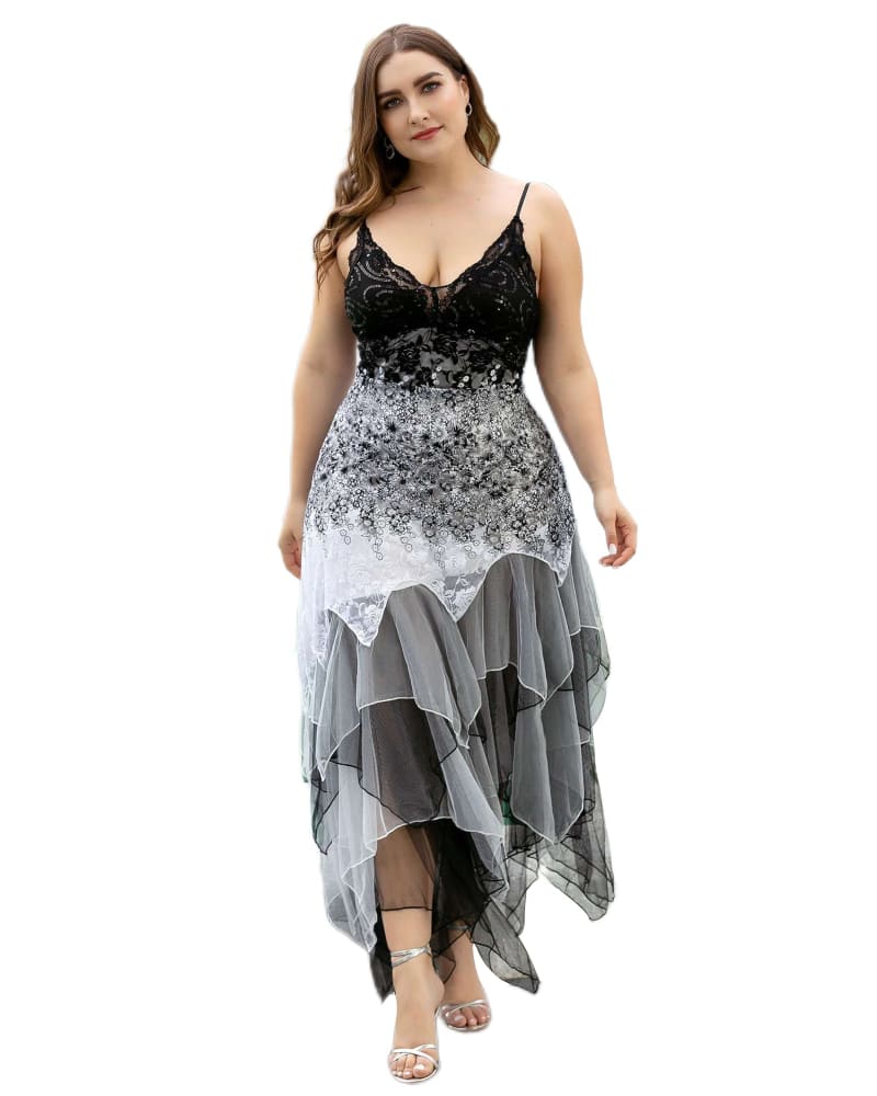 Front of a model wearing a size 26 V Neck Asymmetrical Hems Cocktail Dresses in White by Ever-Pretty. | dia_product_style_image_id:293631